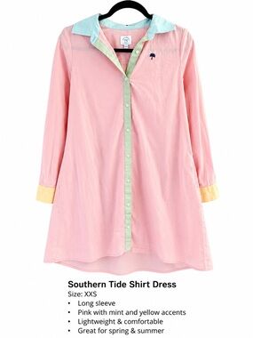 Southern Tide Pink Button-Front Shirt Dress with Mint Trim and Yellow Cuffs